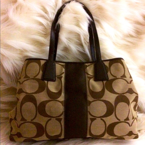 Coach Tan Beige Brown Cloth Ball Clasp Pattern Business Casual Purse Handbag - Picture 2 of 7